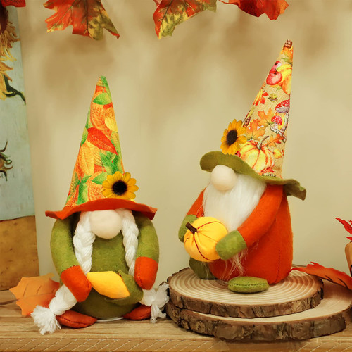 TURNMEON 2 Pack Lighted Gnomes Thanksgiving Fall Decorations for Home, Plush Swedish Tomte Gnome Hold Pumpkin Corn Harvest Thanksgiving Fall Home Decor for Inddor Party Table Tiered Tray Farmhouse