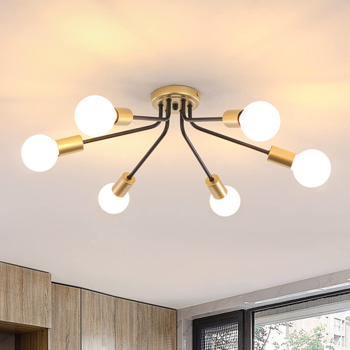 JDfeiFFF Modern Chandelier 6 Lights Black and Gold Chandeliers for Living Room Ceiling Light Fixtures Sputnik Chandeliers Semi Flush Mount Ceiling Light for Bedrooms Dining Room Hallway