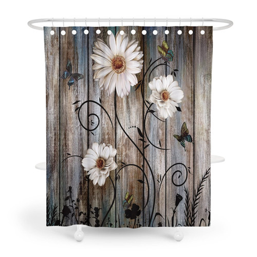 JIYANJ Rustic Shower Curtain Set Fabric Waterproof Butterfly Daisy Farmhouse Shower Curtain Floral Shower Curtain Country Farm Style Shower Curtain with 12 Hooks 72 X 72 Inches