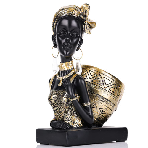 GAOSHENG African Statue Sculptures,African Bust Statue Sculptures Home Decorations,African Art Tribal Lady Figurines Head Statue Storage Tray,for Living Room, Office,Churches,Desktop Decor,Gold statu