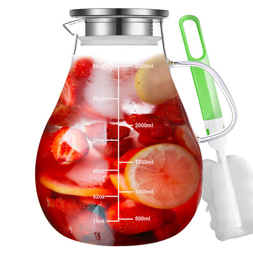 Glass Pitcher with Lid,88 Ounces -2500ml Glass Water Pitcher,Iced Tea, Juice, Milk, Coffee, Lemonade - Borosilicate Boiling Glassware - Hot & Cold Beverages