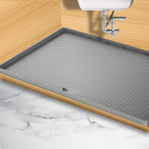 Under Sink Mat, 31" x 22'' Silicone Under Sink Mat for Kitchen Waterproof, Under Sink Drip Tray with Drain Hole, Under Sink Liner for Kitchen Bathroom Cabinet, Gray