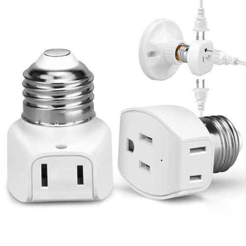 E26/E27 3 Prong Light Socket to Plug Adapter, 2 Prong/3 Prong Light Socket Adapter Outlet, Polarized Screw in Outlet Light Bulb Converter Socket Fit for 2/3Prong Convert, for Porch Patio Garage