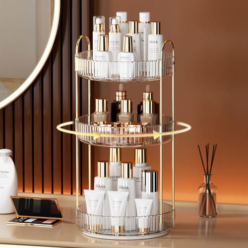 YCIA&DONE 360 Rotating Makeup Organizer and Storage for Vanity Countertop 3 Tiers, High Capacity Cosmetic Skincare Perfume Organizer for Dresser Bathroom Lazy Susan Organizer(Clear White)