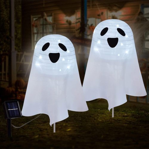 Solar Ghost Pathway Lights Set of 2, Lighted up Halloween Decoration Stake Outdoor for Pathway Yard Garden Decor