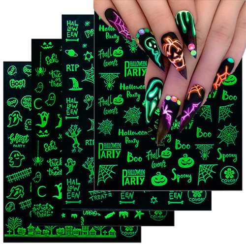 Halloween Nail Art Stickers Decals Luminous Nail Stickers 3D Self-Adhesive Nail Art Supplies Decals 8 Sheet Pumpkin Spider Web Bat Skull Halloween Nail Designs Sticker for Women DIY Nail Decorations