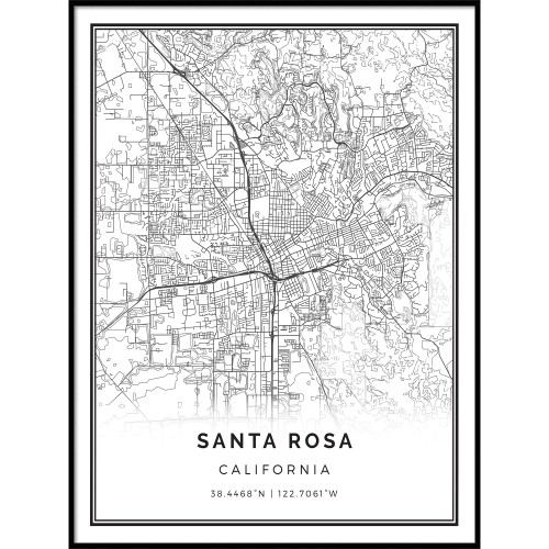 Squareious Santa Rosa map Poster Print | Modern Black and White Wall Art | Scandinavian Home Decor | California City Prints Artwork | Fine Art Posters 16x20