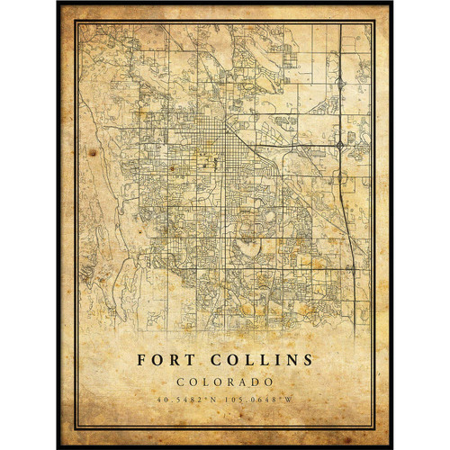 Fort Collins map Vintage Style Poster Print | Old City Artwork Prints | Antique Style Home Decor | Colorado Wall Art Gift | map Reception 20x30