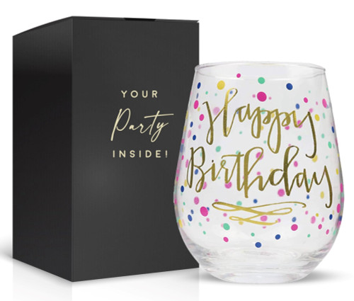 Your Dream Party Shop Happy Birthday 22oz Stemless Wine Glass, Happy Birthday Wine Glass with Gold Print, Perfect Birthday Glass, Happy Birthday Wine Glasses For Women, Birthday Cup