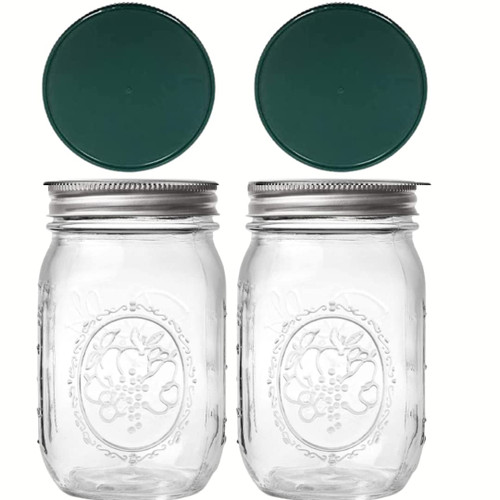 Jarming Collections Mason Jars 16 oz - Glass Jars with Plastic Lids- Glass Storage Jars with Regular Mouth Lids - Jars with Lids - Canning Jars, Pint Jars (Set of Two Green Lids)