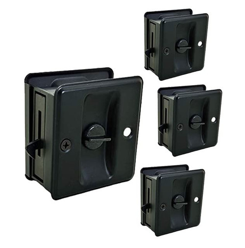QCAA Solid Brass Sliding Door Pull Door Pocket Lockable, Matte Black, Made in Taiwan, 4 Pack