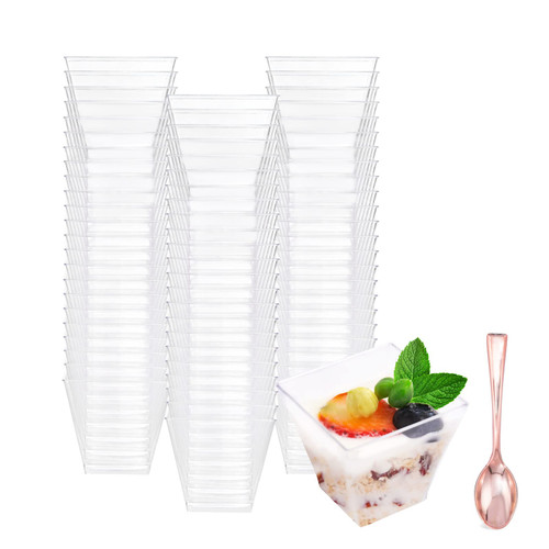 DaYammi 100Pack Mini Dessert Cups with Spoons, 2 oz Clear Plastic Parfait Appetizer Cup Small Tumbler Square Dessert Serving Cup for Tasting Party Desserts Appetizer Trifle Mousse Pudding DaYammi 100Pack Mini Dessert Cups with Spoons, 2 oz Clear Plastic Parfait Appetizer Cup Small Tumbler Square Dessert Serving Cup for Tasting Party Desserts Appetizer Trifle Mousse Pudding