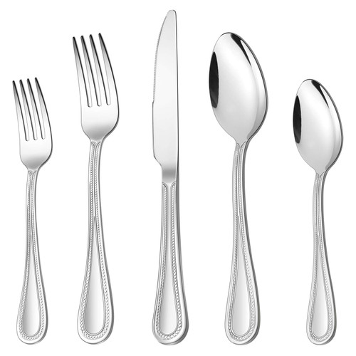 20-Piece Silverware Set, HaWare Stainless Steel Flatware Service for 4, Pearled Edge Tableware Cutlery Include Knife/Fork/Spoon, Beading Eating Utensil for Home, Mirror Polished, Dishwasher Safe