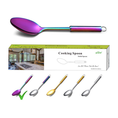 Berglander Solid Spoon, Stainless Steel Rainbow Solid Cooking Spoon With Titanium Plating, Colorful Solid Serving Spoon, Kitchen Spoons, Spoon for Cooking, Basting Spoon (Rainbow)