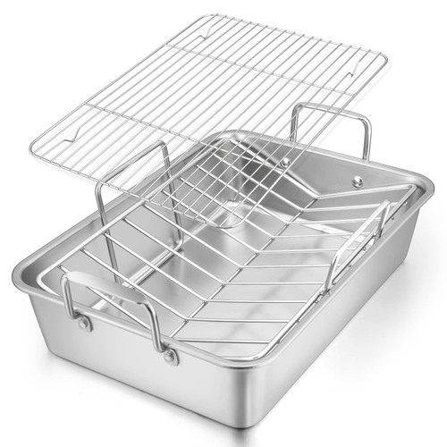 Roasting Pan, E-far 15.2 Inch Stainless steel Turkey Roaster with Rack - Deep Broiling Pan & V-shaped Rack & Flat Rack, Non-toxic & Heavy Duty, Easy Clean & Dishwasher Safe Roasting Pan, E-far 15.2 Inch Stainless steel Turkey Roaster with Rack - Deep Broiling Pan & V-shaped Rack & Flat Rack, Non-toxic & Heavy Duty, Easy Clean & Dishwasher Safe