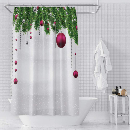 OERJU Christmas Theme Shower Curtain Winter Snow Silver Background Christmas Decorations Red Bells Green Branches Bath Curtain Waterproof Polyester Fabric Bathroom Decor Set with Hooks 72x84inch