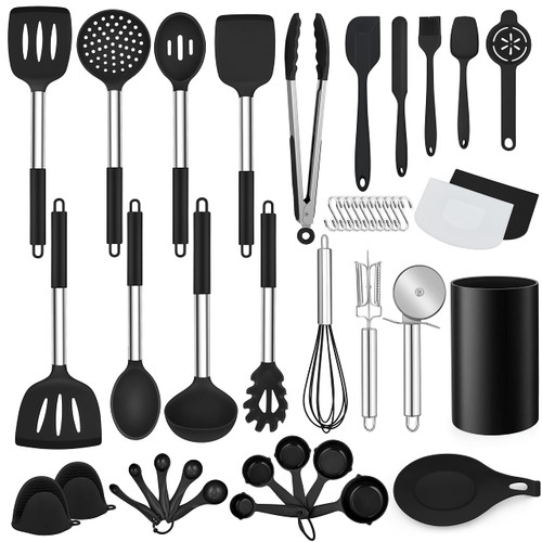 LIANYU 43 Pcs Kitchen Cooking Utensils Set, Silicone Cooking Utensils Spatula Set with Holder, Heat Resistant Kitchen Gadgets Tools for Nonstick Cookware Set, Stainless Steel Handle, Black