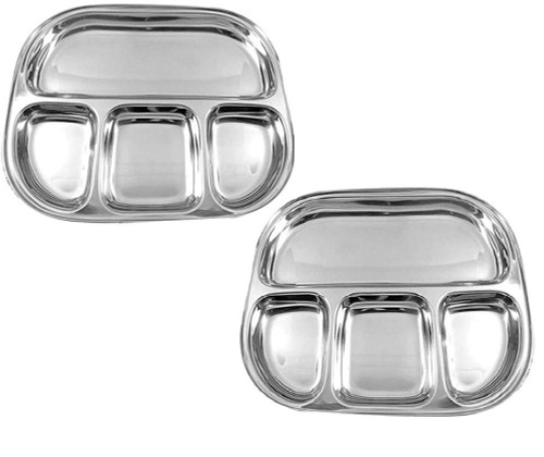 Stainless Steel Oval Shape 4 Compartment Thali Mess Trays for Lunch and Dinner Plates Outdoor Comping Plates Restaurant Steel Plates Kids Dinner Plate Set of 2-13 inch