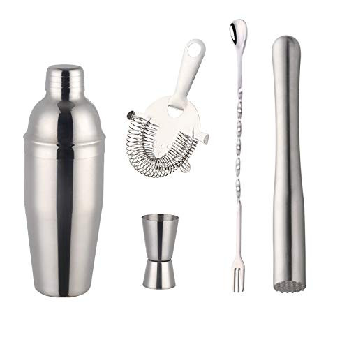 Buyerstar Bar Set 5-Piece Mixology Bartender Kit - Cocktail Shaker Set Bar Tool Set for Home and Professional Bartending - Martini Shaker and Drink Mixing Bar Tools - Cocktail Kit(SILVER)