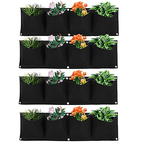 Wall Plant Bag,4Pcs Vertical Hanging Outdoor Wall Planter 4 Pocket Plant Grow Bag Wall Mounted Reusable Degradable Felt Garden Planter Herbs Succulents Artificial Flowers. (Black)