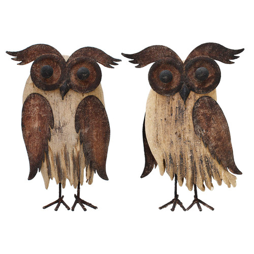 K KILIPES Rustic Owl Decorations for Home Decorative Metal Wood Owl Figurine Statues Night Owl Tabletop Ornaments Collectible Sculptures (8.5" H A+B)