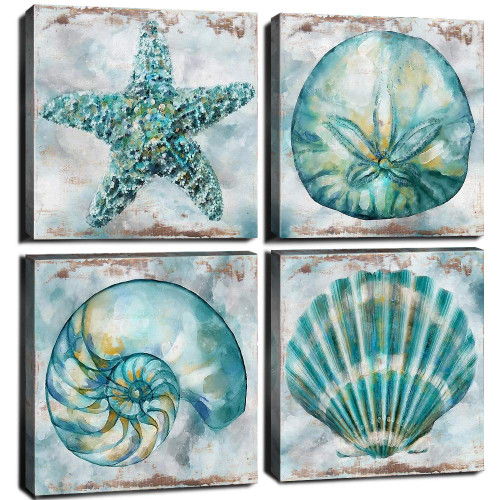 Beach Conch Shell Wall Art for Living Room Rustic Starfish Seashells Pictures Canvas Print Coastal Bathroom Decor Vintage Teal Painting Nautical Artwork Bedroom Kitchen Home Decorations 8x8" 4 Pcs/Set