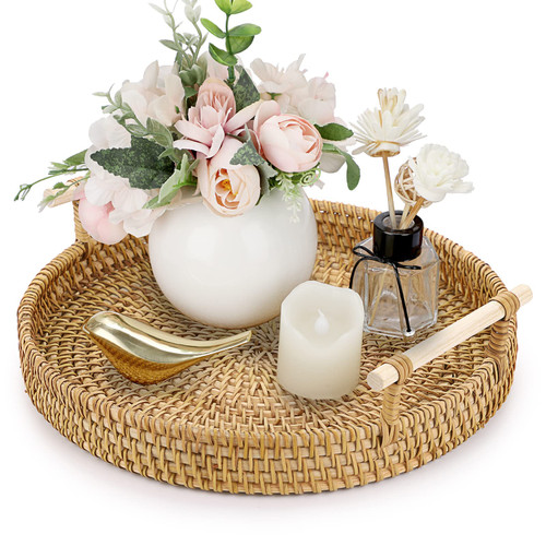 Hipiwe Handwoven Basket Serving Tray with Wooden Handles Round Rattan Bread Basket Tray Fruit Organizer Wicker Tray Coffee Table Decorative Tray