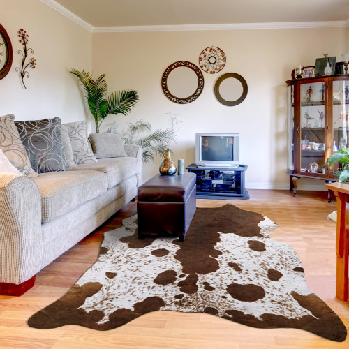 Foxmas Faux Cowhide Rug 4.6x5.2 Feet Cow Print Rugs for Bedroom Living Room, Western Home Decor Cow Hide Animal Rug, Cow Print Western Rugs, Faux Fur Fabric Rug Animal Print Carpet