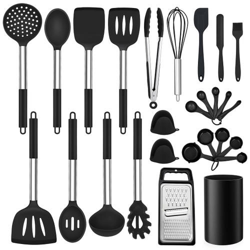 LIANYU 27 PCS Cooking Utensils Set with Holder, Silicone Kitchen Utensils Spatula Set with Stainless Steel Handle, Kitchen Cooking Gadgets Tools for Nonstick Cookware Set, Heat Resistant, Black