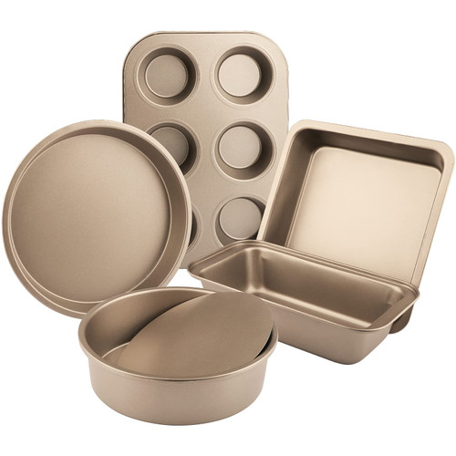IAXSEE 5-Piece Toaster Oven Pans Bakeware Set Includes Nonstick Cake Pans/Loaf Pan/Cupcake Pan/Pizza Pan/Cookie Pan, Carbon Steel Baking Pan Set