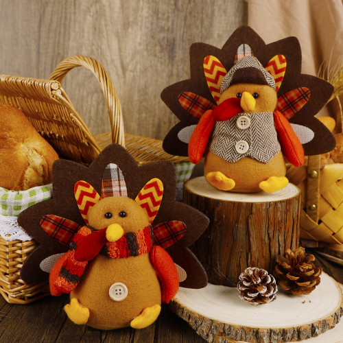 Biswing Thanksgiving Decoration Tabletop Standing Turkey Couple, 2 Pack Plush Stuffed Turkeys Shelf Sitters Figurine Gift for Thanksgiving Autumn Fall Harvest Halloween Home Table Decorations