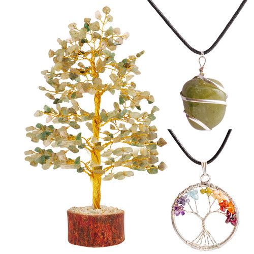 Green Jade Healing Money Tree - Gemstone Tree - Crystal Tree of Life - Feng Shui Crystals and Stones - Bonsai Tree - Chakra Crystals - Home Decor Gifts for Women - Chakra Crystal Necklace Pendant
