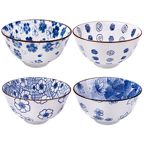Japanese Rice Bowls, 4.5 inch Rice Bowl, White and Blue Rice Bowls for Soup Oat Rice Snack