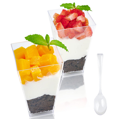 JOLLY CHEF 100 x 3 oz Square Mini Dessert Cups with Spoons, Clear Plastic Parfait Appetizer Cup - Small Plastic Dessert Cups Reusable Serving Bowl for Tasting Party Desserts Appetizers JOLLY CHEF 100 x 3 oz Square Mini Dessert Cups with Spoons, Clear Plastic Parfait Appetizer Cup - Small Plastic Dessert Cups Reusable Serving Bowl for Tasting Party Desserts Appetizers