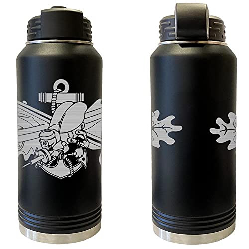 Navy Seabee Combat Warfare SPC Badge Laser Engraved 32oz Water Bottle (Black)