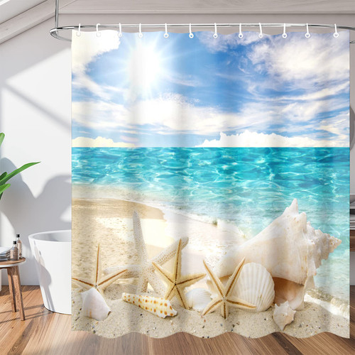 Beach Bathroom Shower Curtain, Shower Curtains Sets Waterproof Landscape Bath Curtain for Bathroom Showers and Bathtubs Decoration, Hooks Included, 72" X 72"