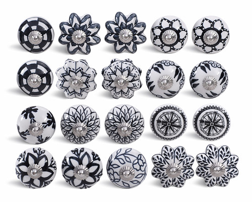 INDIAN ARTISTIC Door Knobs - Dresser Knobs (Set of 20) Drawers Kitchen Knobs Boho Cabinet Door Knobs Dresser Pull Interior Door Knobs Closet Door Knobs (Color-Black & White Ceramic Knobs)