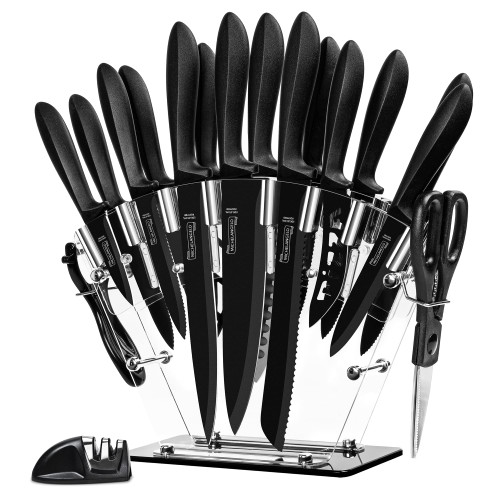 MICHELANGELO 18pc Kitchen Knife Set with Block, Super Sharp Black Knife Set, Versatile Chef Knife Set with Knife Sharpener & Peeler, Stainless Steel Knives for Kitchen, 6 Steak Knives Included