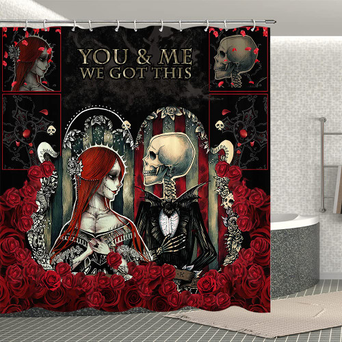 Skull Couple Shower Curtain Romantic Rose Skull Wedding Day of Dead Couple Bride and Groom Endless Love Bathroom Curtain Set You and Me We Got This Halloween Bathroom Decoration with Hooks 70x70Inches