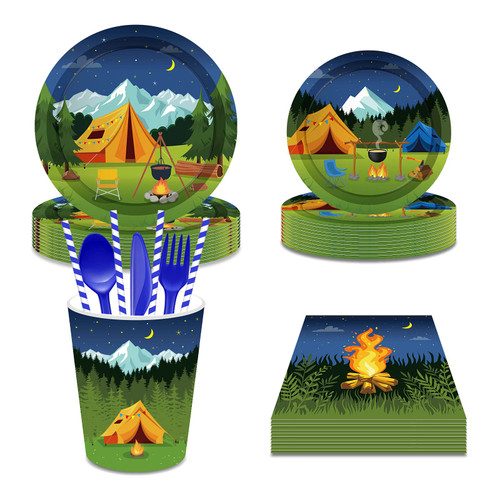 141 pcs Camping Adventure Party Supplies Tableware Set Birthday Party Paper Disposable Tableware Set includes Dinner Plates Dessert Plates Cups Napkins forks spoons knives straws Kit Serves 16 Guests