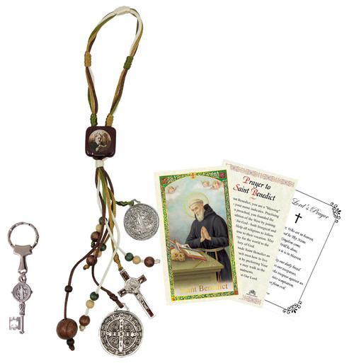 St Benedict Catholic House Blessing - with Saint Benedict Of Nursia Card, Keychain, The Lord's Prayer | Holy Patron Saint of Europe San Benito Home Door Hanger, Cards, Key Chain | Kit of 4 Items