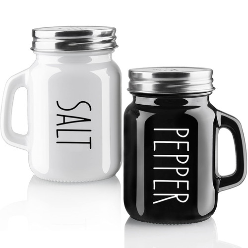 Salt and Pepper Shakers Set, 4 oz Glass Black White Salt Pepper Shaker Set with Stainless Steel Lid, Cute Modern Kitchen Decor, Ideal Gift for Thanksgiving Christmas