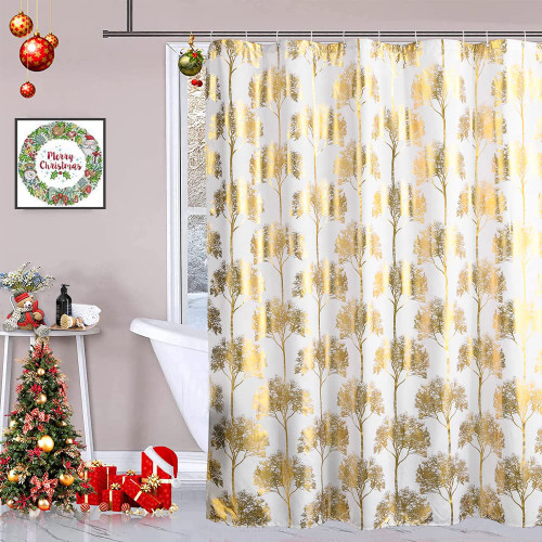 YJ YANJUN White and Gold Shower Curtain - Metallic Gold Tree Branch Print Fabric Shower Curtain Modern Home Bathroom Decorations 72 in x 72 in White/Gold