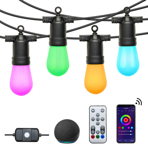 ZYAN Smart String Lights Outdoor, 48FT RGB WiFi Patio Lights String Color Changing Work with Alexa, APP & Remote Controll, 16 Shatterproof Multi-Color LED Bulbs Dimmable Waterproof for Party Backyard ZYAN Smart String Lights Outdoor, 48FT RGB WiFi Patio Lights String Color Changing Work with Alexa, APP & Remote Controll, 16 Shatterproof Multi-Color LED Bulbs Dimmable Waterproof for Party Backyard