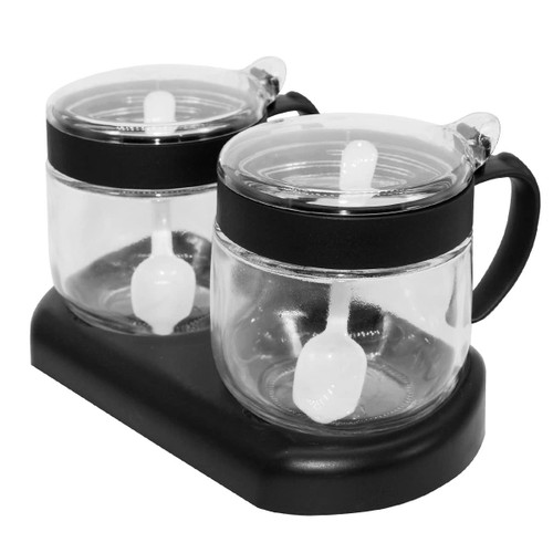 NAN Wind Glass Seasoning Box Set,12oz/350 ml Condiment Set With Lids and Spoon,Clear Glass Condiment Canisters,2Pack Scondiment Jar Set for Sugar Pepper for Kitchen Counter(Black)