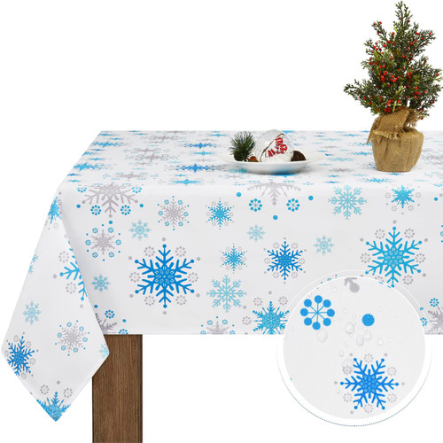 Christmas Tablecloth, Blue Snowflake Table Cloth, Xmas Holy White Tablecloths for Dining Kitchen Winter Holiday, Waterproof Table Cover for New Year Party Home Decor, Square 55 x 55 inch