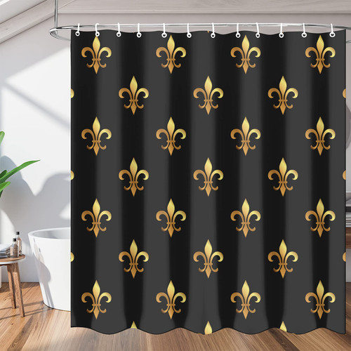 Floral Golden Fleur De Lis Pattern Shower Curtain, Waterproof Shower Curtain Set with 12 Hooks, Polyester Fabric Shower Curtains for Bathroom, Bathtubs, Stalls, Home Decor, 72x72inch