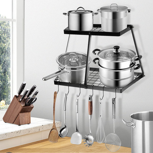 Kitchen Wall Mounted Pot Pan Rack Shelf With Hooks,Wall Mounted Pot Shelf Storage,Pot and Pan Organizer with Hooks, Kitchen Cookware Utensils Hanging Organization (Black)