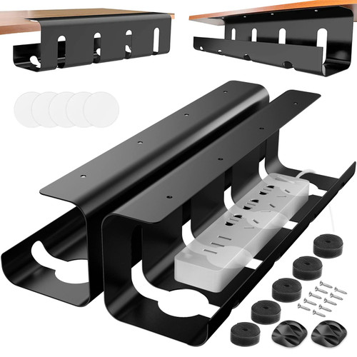 REFLYING Under Desk Cable Management Tray, No Drill 2 x 15.7 in Steel Desk Cable Management Tray with Wire Organizer and Desk Cord Organizer, 2Pack Under Desk Black Cable Raceway for Cords