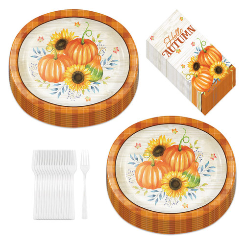 HOME & HOOPLA Orange Plaid Pumpkin Sunflower Harvest Paper Oval Plates, Autumn Dinner Napkins, and Forks (Serves 16)
